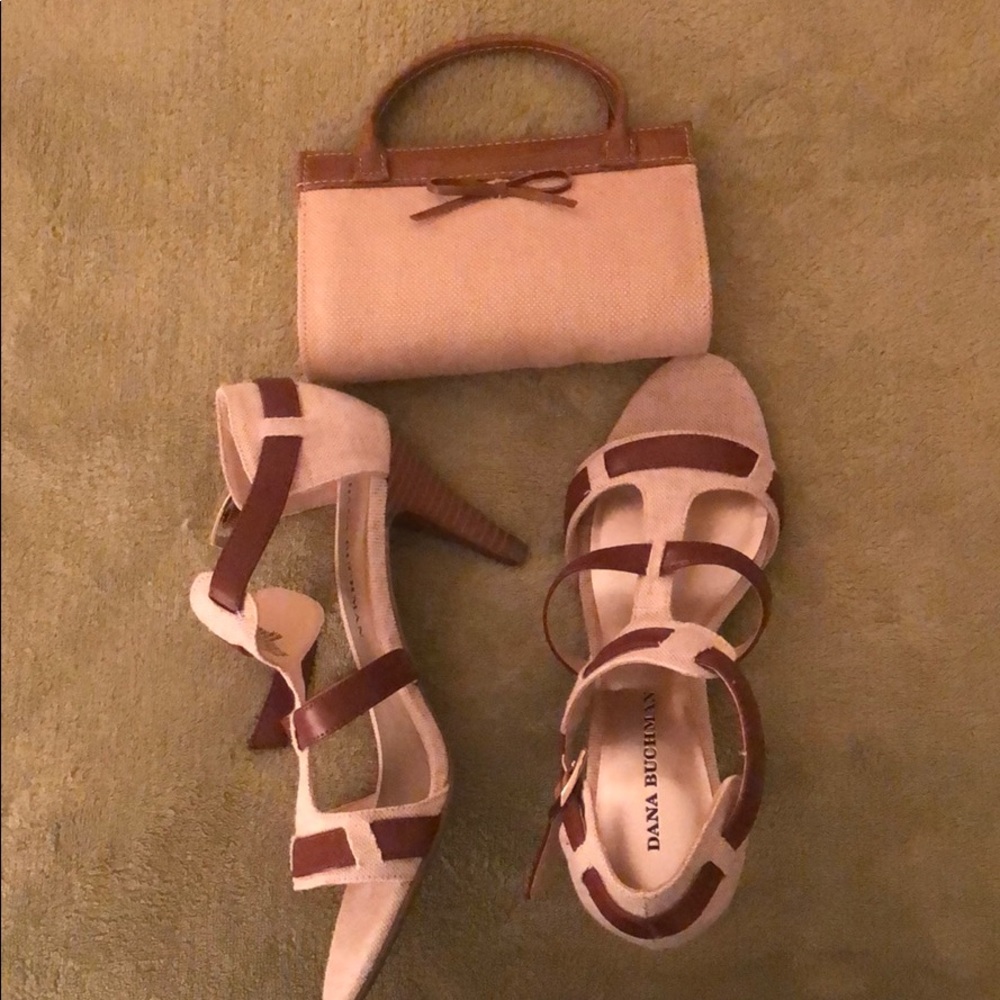 Tan heels and matching clutch. Never worn